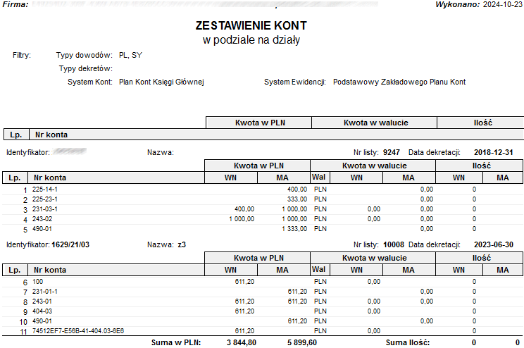 Fragment raportu Zestawienie dekretów list płac w podziale na pracowników z wykazem źródłowych list płac Fragment raportu Zestawienie dekretów list płac w podziale na pracowników z wykazem źródłowych list płac