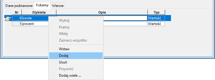 Okno edycji tabel–>zakładka Kolumny – polecenia dostępne w edycji kolumn