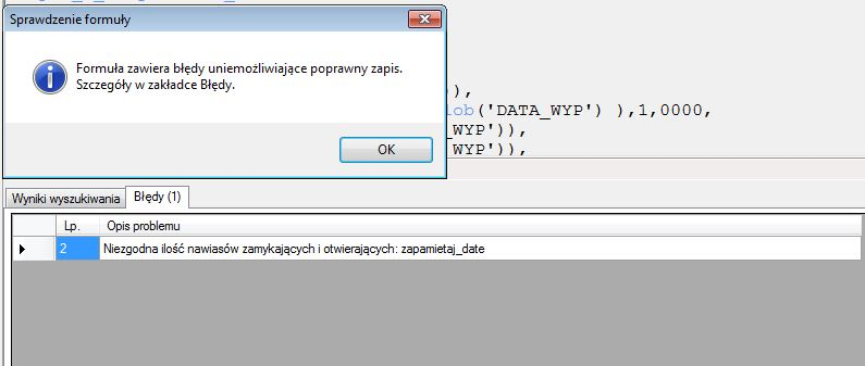 Okno Edycja formuł – sygnalizacja błędów