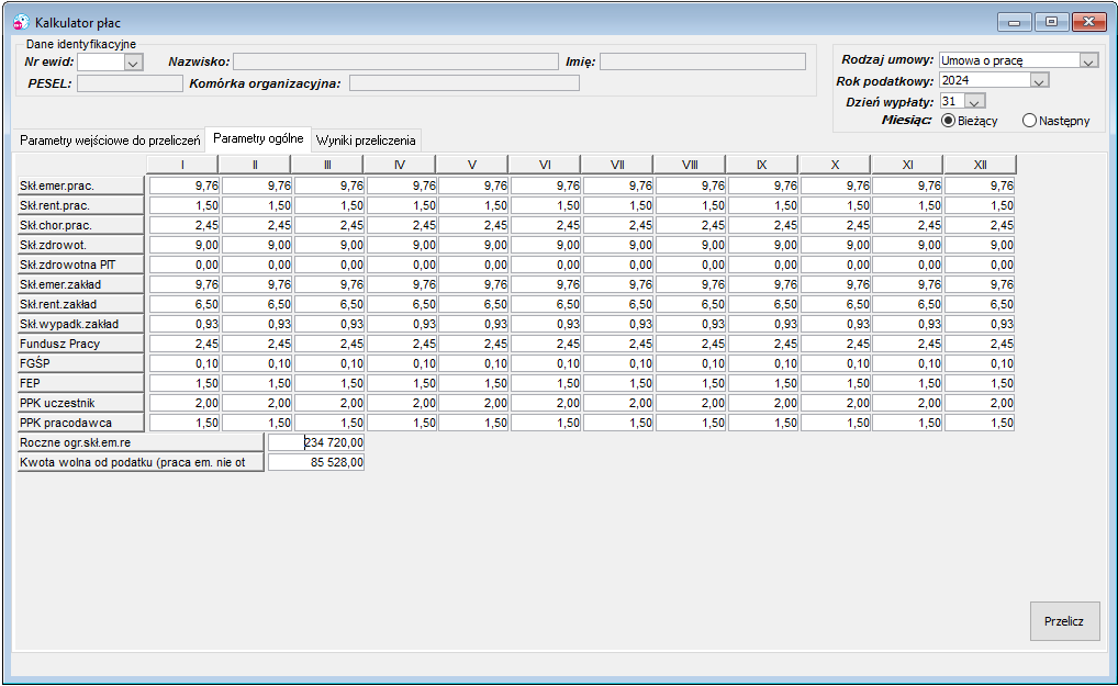 Okno Kalkulator płac->Parametry ogólne