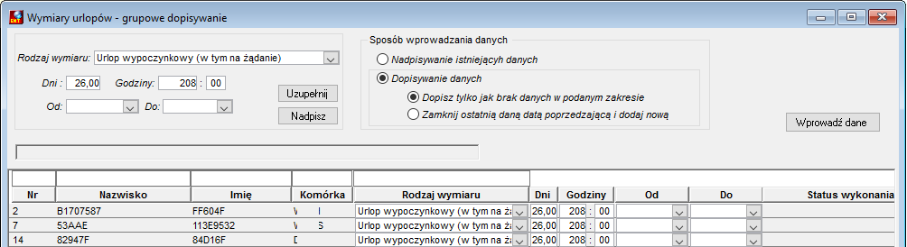 Fragment okna grupowego dodawania wymiarów urlopów