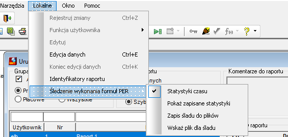 Wybór statystyk czasu wykonania formuł z okna Uruchom raport Wybór statystyk czasu wykonania formuł z okna Uruchom raport