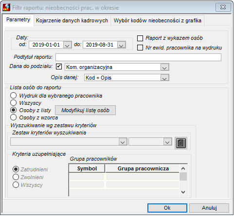 Zakładka Parametry w oknie uruchomienia raportu Nieobecności pracowników w okresie - dana do podziału