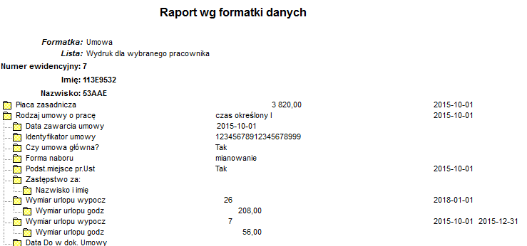 Fragment raportu wg formatki danych