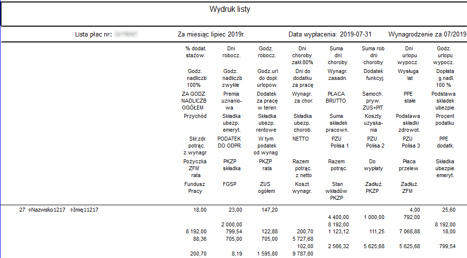 Fragment raportu Lista płac paski ciągłe podstawowy bez ramek format A4 Fragment raportu Lista płac paski ciągłe podstawowy bez ramek format A4
