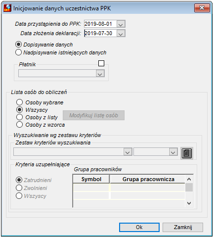 Widok okna Inicjowanie danych uczestnictwa PPK Widok okna Inicjowanie danych uczestnictwa PPK