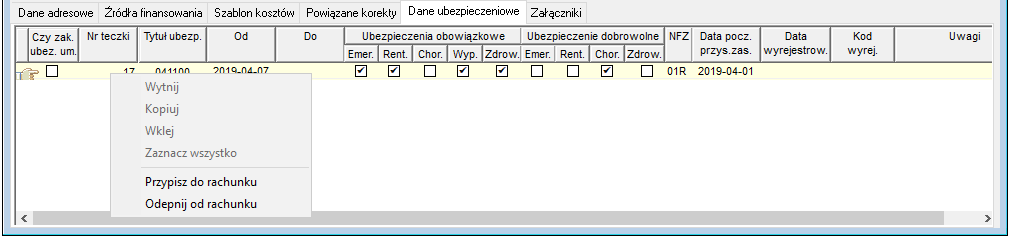 Fragment okna Rachunek do umowy – widok zakładki Dane ubezpieczeniowe