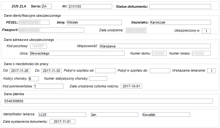 Widok raportu e-ZLA - podstawowy