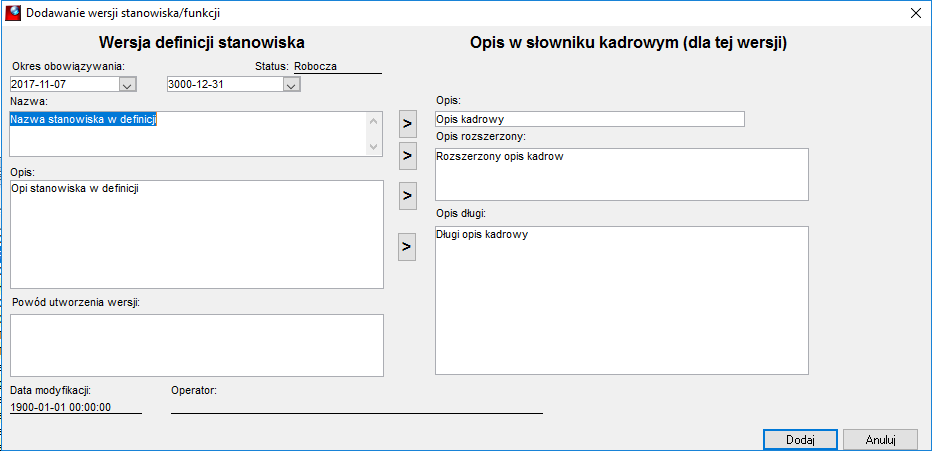 Okno dodawania i modyfikacji wersji roboczej stanowiska lub funkcji