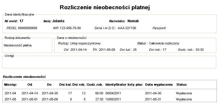 Przykładowy raport Rozliczenie nieobecności płatnej