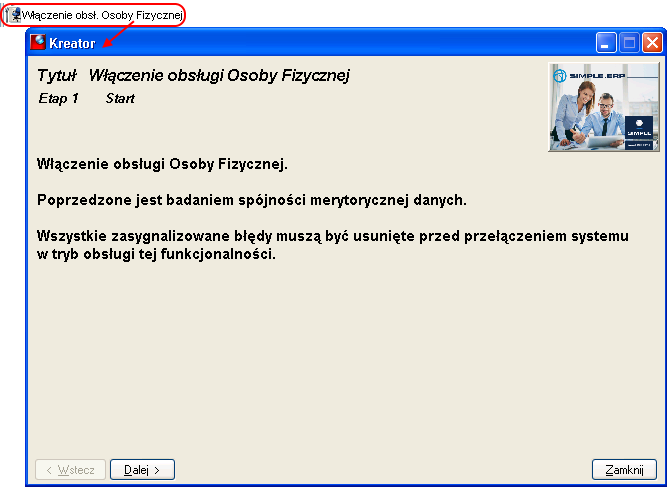 Okno uruchomienia procesu włączenia obsługi Osoby Fizycznej