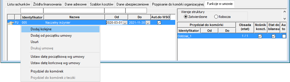 Fragment okna Umowa zlecenia/o dzieło – wykonawca–>Funkcje w umowie z listą dostępnych poleceń