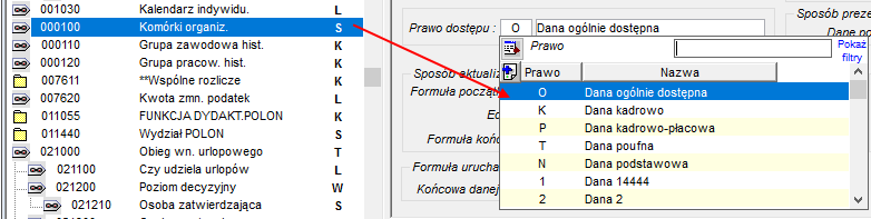 Fragment okna definicja struktury danych - Okno wyboru praw dostępu do danej Fragment okna definicja struktury danych - Okno wyboru praw dostępu do danej