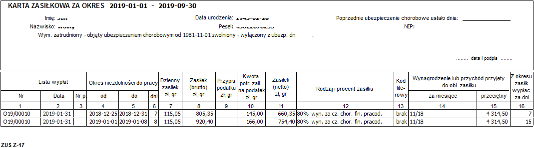 Wydruk kartoteki zasiłkowej Z-17