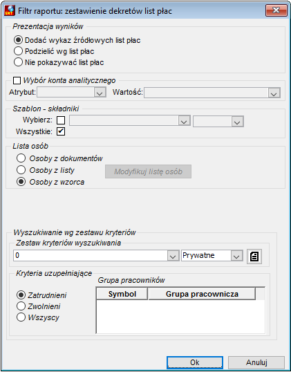 Okno parametrów wydruku zestawienia dekretów list płac Okno parametrów wydruku zestawienia dekretów list płac