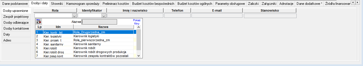 Projekty - zakładka Osoby i daty