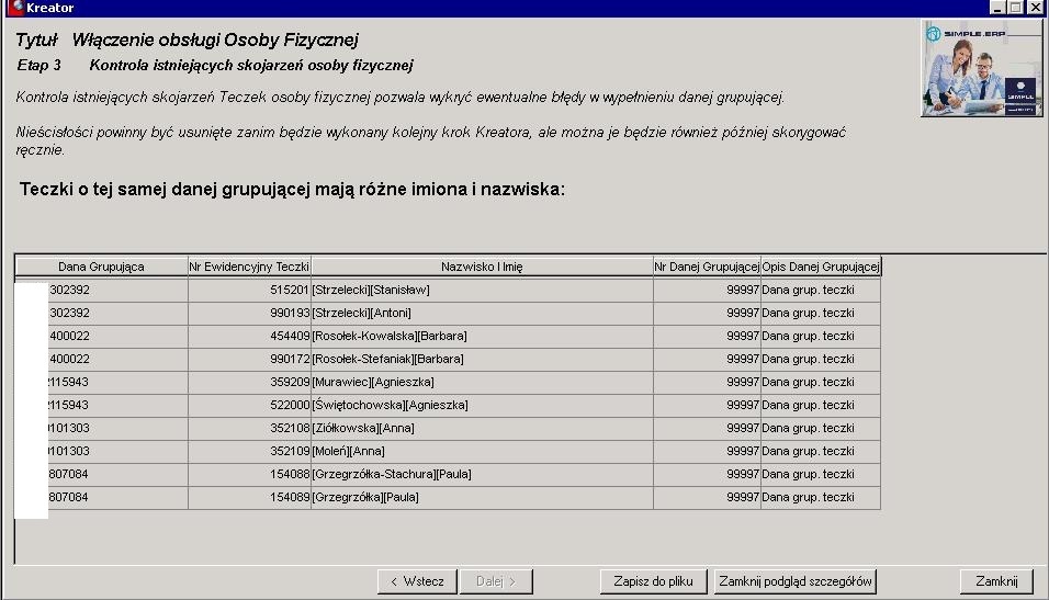 Okno kreatora – informacja o różnicach w imionach i nazwiskach w teczkach z taką samą dana grupującą