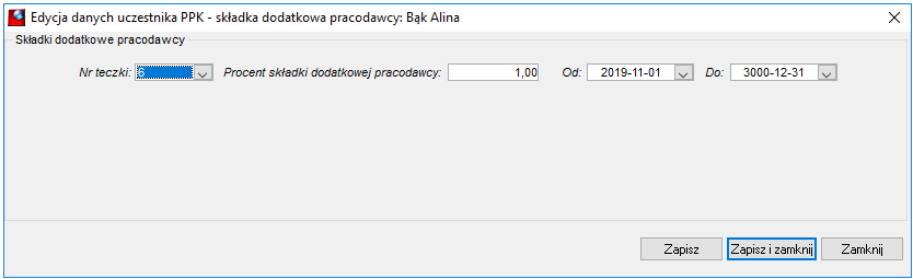 Okno dodawania i edycji składki dodatkowej pracodawcy
