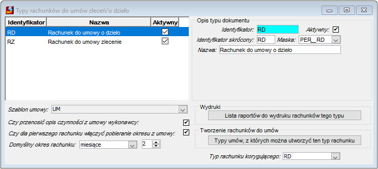 Okno definiowania typów rachunków Okno definiowania typów rachunków