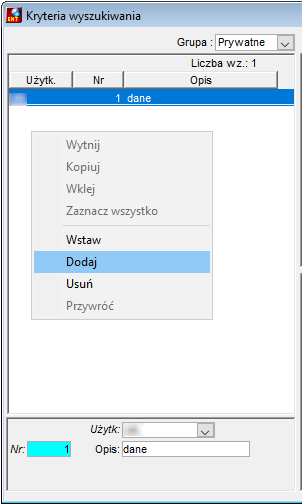 Fragment okna Kryteria wyszukiwania – dodawanie nowego zestawu kryteriów wyszukiwania