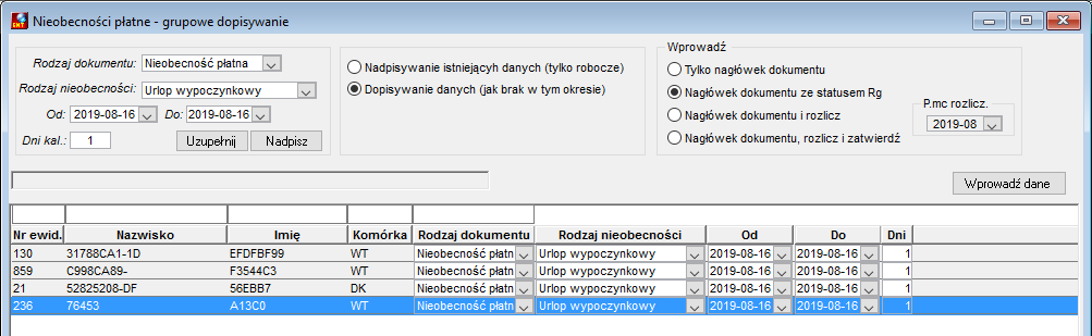 Okno grupowego dodawania nieobecności płatnych