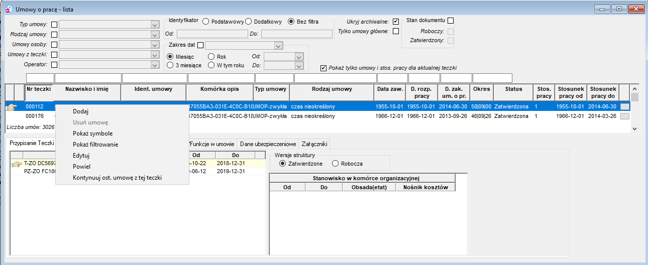 Widok okna Umowy o pracę - lista Widok okna Umowy o pracę - lista