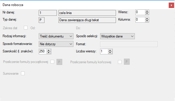 Okno Właściwości elementu->Dana robocza