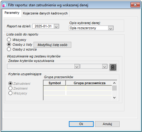Parametry raportu Zatrudnienie wg wskazanej danej Parametry raportu Zatrudnienie wg wskazanej danej