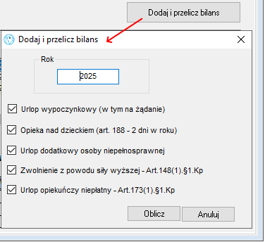 Dodawanie i przeliczanie bilansów urlopów - okno wyboru parametrów