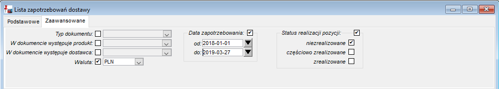 Okno Lista zapotrzebowań dostawy – zakładka Zaawansowane Okno Lista zapotrzebowań dostawy – zakładka Zaawansowane