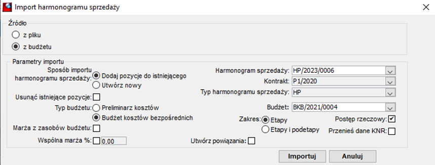 Okno Import harmonogramu sprzedaży