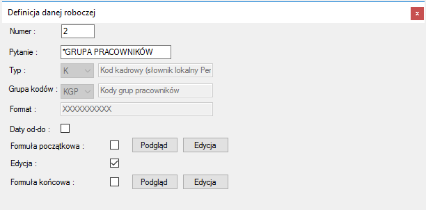 Okno Definicja danej roboczej