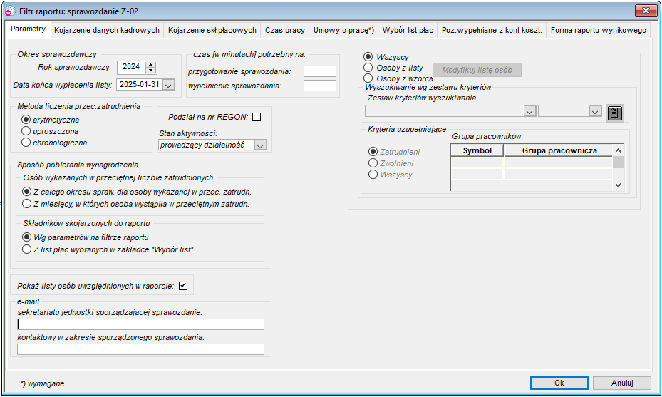 Raport Dane do sprawozdania Z-02, zakładka Parametry