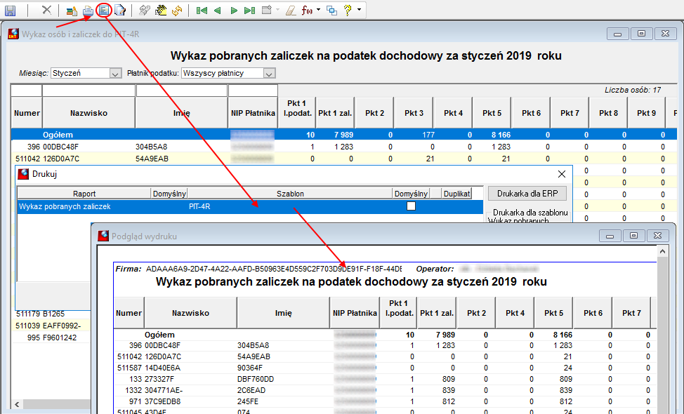 Fragment okna podglądu i wydruku listy osób uwzględnionych w raporcie Zestawienie przychodów wg PIT-4R Fragment okna podglądu i wydruku listy osób uwzględnionych w raporcie Zestawienie przychodów wg PIT-4R