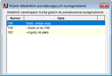 Okno wyboru składników powiększających wynagrodzenie Okno wyboru składników powiększających wynagrodzenie