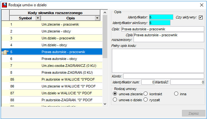 Przykładowy słownik rozszerzony skojarzony automatycznie ze słownikiem bazowym
