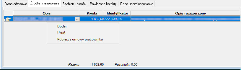 Fragment okna Rachunek do umowy – widok zakładki Źródła finansowania