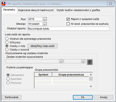 Parametry uruchomienia raportu Nieobecności pracowników w miesiącu Parametry uruchomienia raportu Nieobecności pracowników w miesiącu