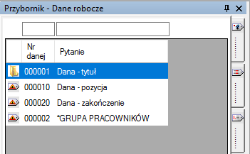 Okno Przybornik raportów–>Dane robocze