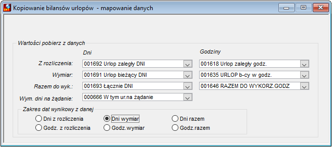 Okno Kopiowanie bilansów urlopów - mapowanie danych