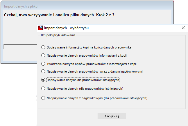 Import danych kadrowych – Wczytywanie i analiza pliku danych – Wybór trybu importu danych