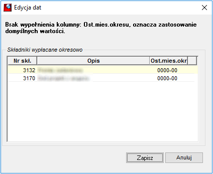 Okno edycji dat obowiązywania składników okresowych