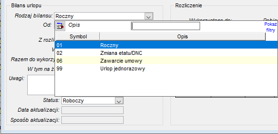 Dodawanie nowego rodzaju bilansu – wybór zdarzenia inicjującego nowy bilans