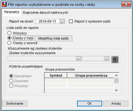 Zakładka Parametry raportu Wykształcenie w podziale na osoby i etaty Zakładka Parametry raportu Wykształcenie w podziale na osoby i etaty