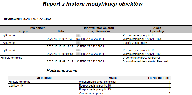 Okno – Podgląd wydruku – Raport z historii modyfikacji obiektów