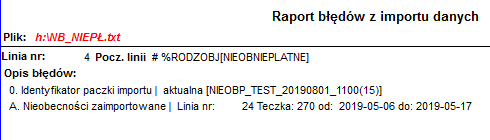 Fragment informacji o zaimportowanych danych