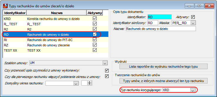 Typ rachunku korygującego w oknie definicji typu rachunku