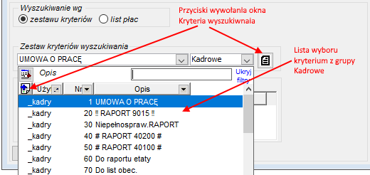 Okno Lista osób – wybór kryterium wyszukiwania osób do raportu lub wywołania okna edycji kryteriów wyszukiwania