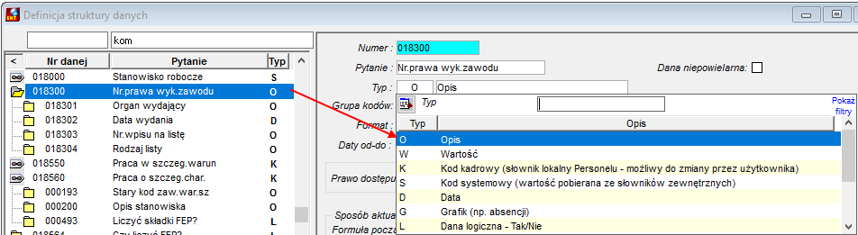 Fragment okna Definicja struktury danych - Okno wyboru typu danej