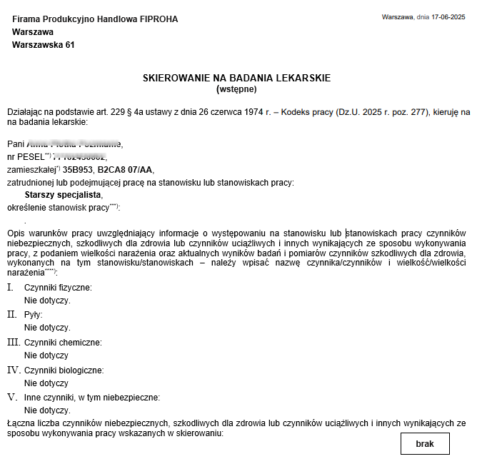 Fragment raportu Skierowanie na badanie lekarskie wstępne